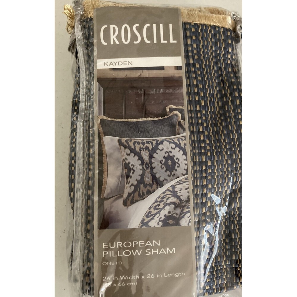 Croscill Euro Sham.Blue.Textured  Woven Design.Tan Brushed Fringe.26x26in.